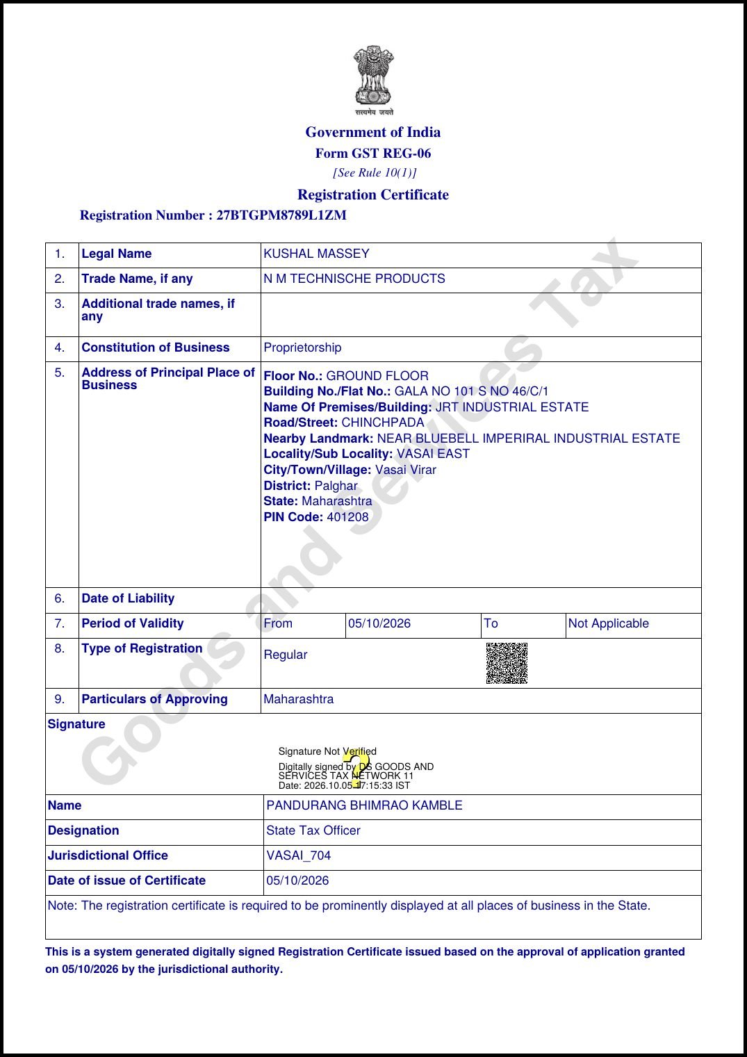 GST Registration Certificate certificate preview